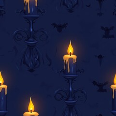 Fototapeta premium seamless pattern, A dark, moody pattern featuring glowing candles and bat motifs, perfect for Halloween or gothic-themed designs.