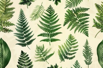 A botanical print of different types of ferns, showcasing their unique leaf shapes and intricate details.