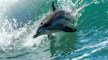 Naklejka premium Dolphins exhibit intelligence and social behavior, often seen playing in ocean waves.