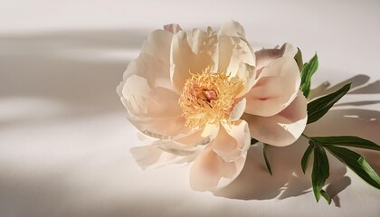 delicate beige peony flower with sunlight shadows on neutral white background