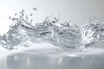 A pristine water splash, artistically frozen against a clean white studio background. The image captures the essence of movement and fluidity, with detailed droplets suspended in mid-air. This