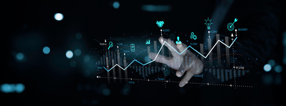 Analyst touch on business analytics dashboard with KPI, charts and metrics to analyze data and create insight reports for executives and strategical decisions. Operations and performance management