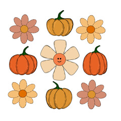 Set of hand drawn pumpkins and flowers cute cartoon illustration art can be used for print for Autumn theme, Halloween and Thanksgiving celebrations.