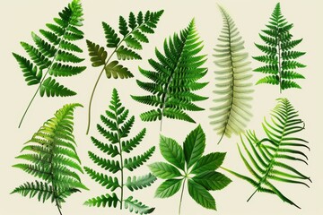 A botanical print of different types of ferns, showcasing their unique leaf shapes and intricate details.