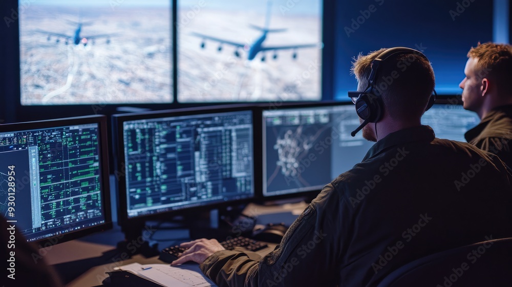 Poster air route strategy: technicians analyzing data on multiple screens to determine the most efficient a