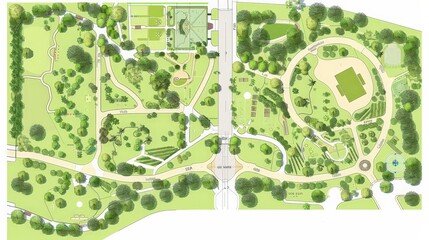 Draw a site plan for an urban park, detailing the pathways, landscaping, and recreational areas.