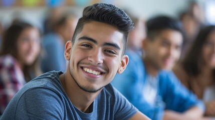 Obraz premium Portrait of smiling young male student sitting in lecture hall at university.