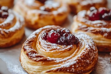 Fototapeta premium A tray of freshly made Danish pastries topped with red berries and powdered sugar
