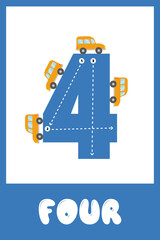 Naklejka premium Learning numbers 4. Educational cards for children with numbers. Handwriting training. Vector illustration. Children's game. Flashcard for children learning numbers from 1 to 10.