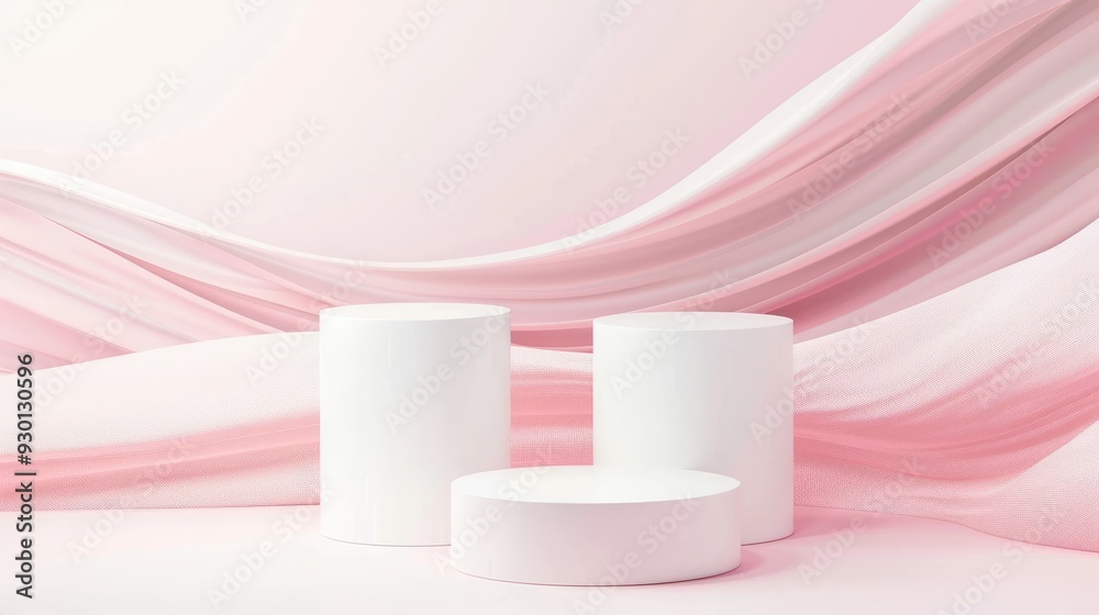 Poster white cylindrical displays rest on a smooth surface, set against a gentle pink backdrop that creates