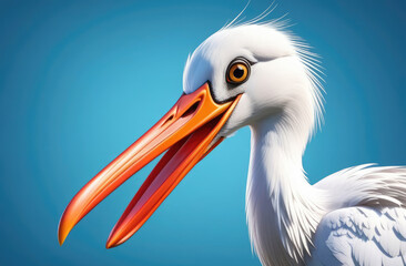 Obraz premium close up illustration of white stork on blue background. wild bird closeup