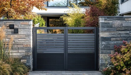 Modern sliding gate made of aluminum slatted panels closing a residential building entrance