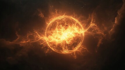 A blazing sun radiating intense heat and light, surrounded by fiery solar flares in the vastness of deep space.