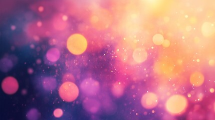 Soft abstract background featuring shimmering lights and bokeh in warm tones of purple, pink, and gold..