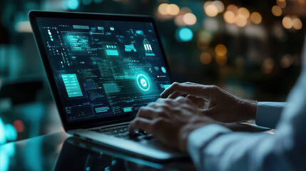 Incident management concept with a businessman using a laptop, virtual screen displaying steps to handle unexpected problems