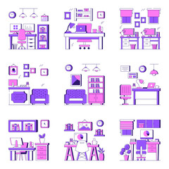 Set of Office Interior Flat Illustrations 

