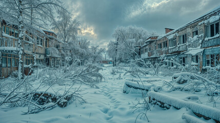Abandoned houses in winter. Destroyed buildings after the war. Ghost town covered with snow. Ruins. Post apocalypse concept