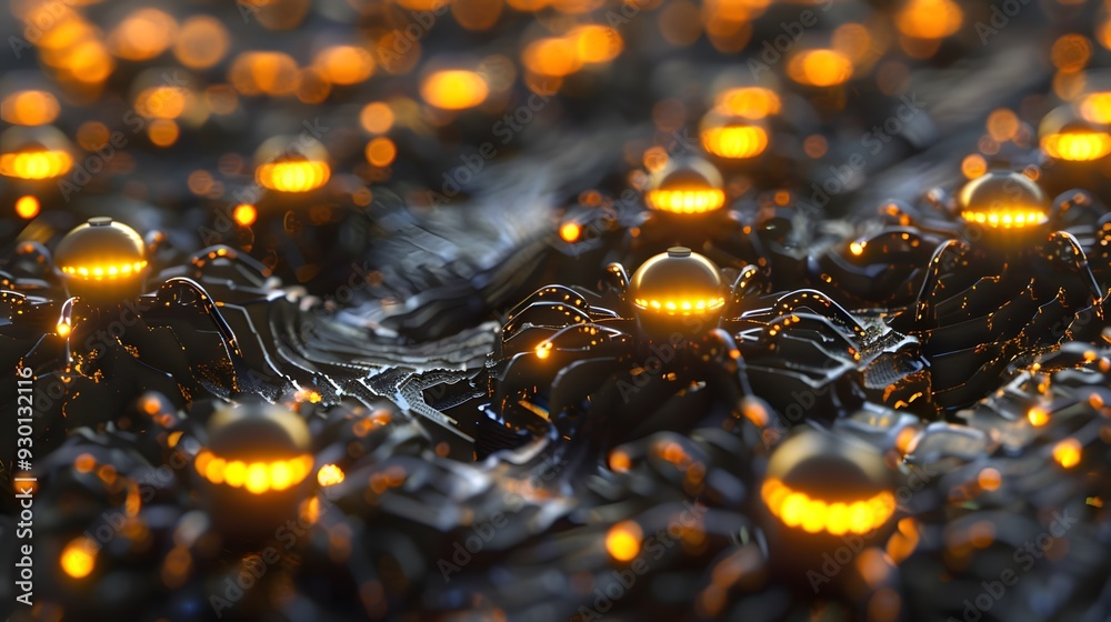 Poster a mesmerizing scene showing multiple nanobots working together in a coordinated swarm, mimicking the