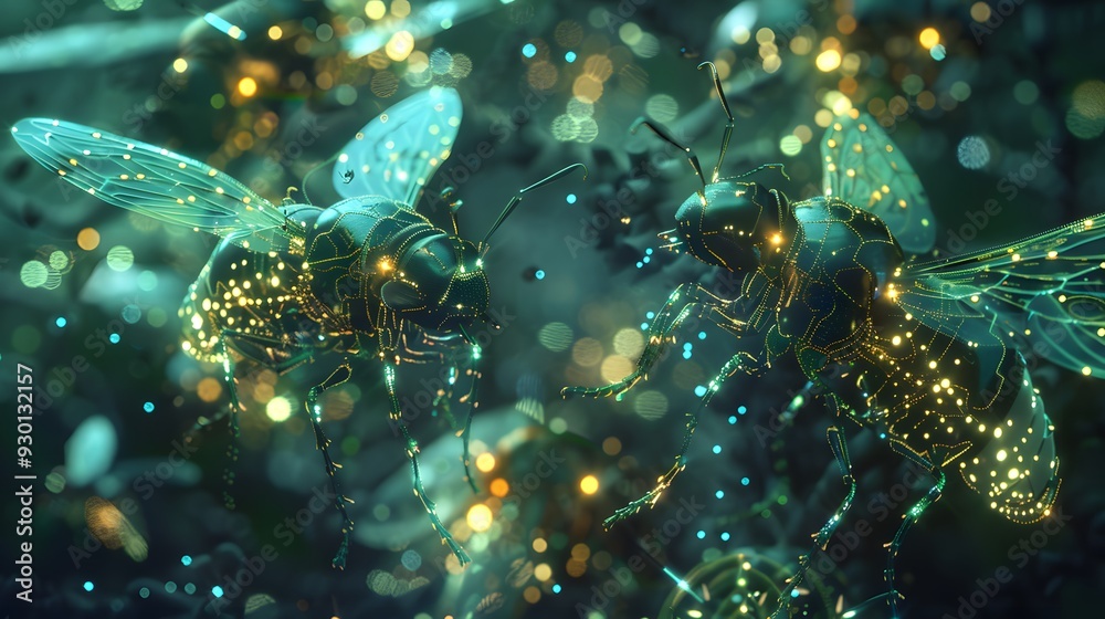 Poster a mesmerizing scene showing multiple nanobots working together in a coordinated swarm, mimicking the