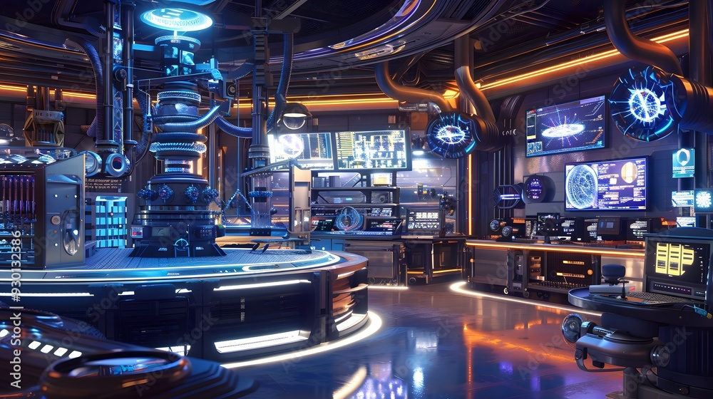 Poster a futuristic lab where molecular robots are being designed and tested, with intricate machinery and 