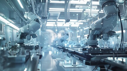 A futuristic lab where molecular robots are being designed and tested, with intricate machinery and nanobots operating at the atomic level in a highly detailed, sci-fi setting