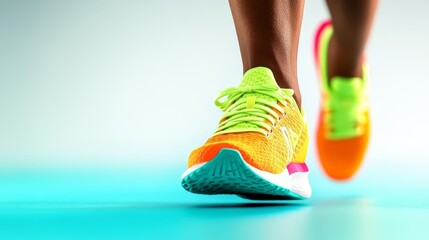 Naklejka premium Close-up of a runner's feet in mid-sprint, athletic shoes capturing the energy and speed, isolated on a white background