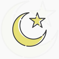 crescent moon and star cartoon flat line art. Illustration of crescent moon and star, perfect for needs related to islamic, muslim, ramadan, eid al-adha, eid al-fitr, and more.