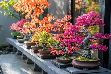 Naklejka premium Colorful bonsai trees and potted plants on display