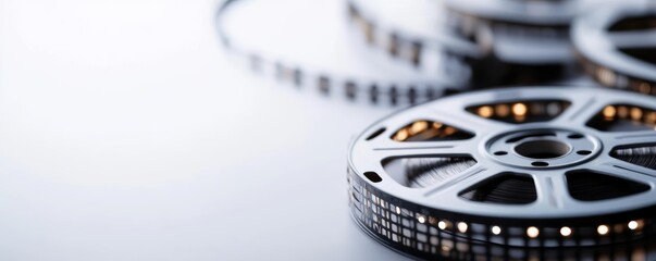 Elegant close-up of vintage movie film reels on a white background, representing the timeless appeal of traditional filmmaking tools