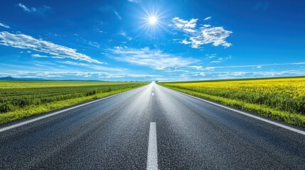 Naklejka premium Empty Asphalt Road Leading Towards a Sunny Blue Sky with Green Fields on Both Sides