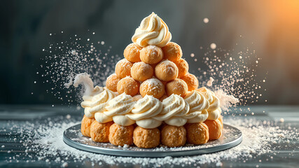 Pyramid Cake with a height of 1 meter with cream puffs and nougatine to combine spectacular splashes of icing sugar. creative dynamic composition varies angle. macro food photography, taken by an expe