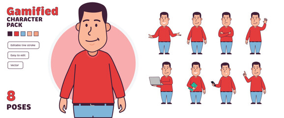 Simple flat gamified male vector character in a set of multiple poses. Easy to edit and isolated on a white background. Modern trendy style character pack with lots of poses.	