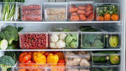 Organized Refrigerator with Fresh Produce, Meats, and Beans in Clear Storage Containers