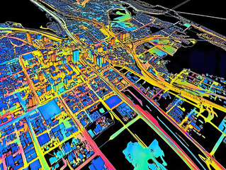 Technical aerial visual, 3D LiDAR GIS aerial map satellite scan model isolated, showing Lowell,  Massachusetts. Elevation, topography, render
