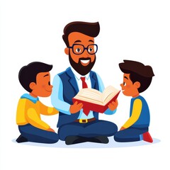 A joyful scene of a man reading a book to two children, promoting literacy and the joy of storytelling together.