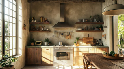 Kitchen with minimalist bohemian style, as real as possible photo