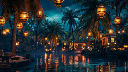 A hidden oasis with palm trees that light up like lanterns