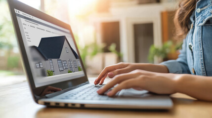 Laptop on a table with a house hunting website open, closeup of a woman hands browsing and selecting homes
