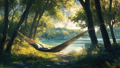 A hammock strung between trees overlooking a river.