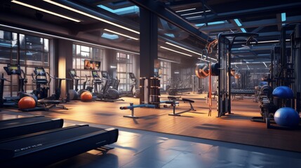 3d illustration of a modern fitness center and gym facility with state-of-the-art sports equipment and spacious workout areas, highlighting contemporary interior design and advanced training amenities