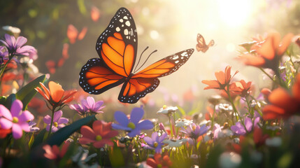 Lovely 3D cartoon butterfly fluttering over a garden full of blooming flowers, with soft sunlight filtering through