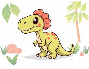 cartoon dinosaur with a pink hat and a palm tree.