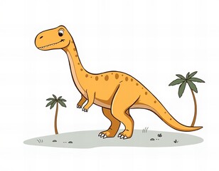 cartoon dinosaur with palm trees and grass on a white background.