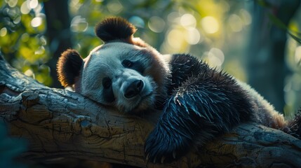 Obraz premium Relaxed giant panda resting on tree branch in serene forest setting