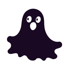 A black ghost-like character with large round eyes and an open mouth, floating against a white background