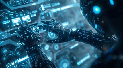 A robot is shown in a blue and white color scheme, with its hands pointing at a screen. The robot appears to be in a futuristic setting, with a sense of technology and innovation