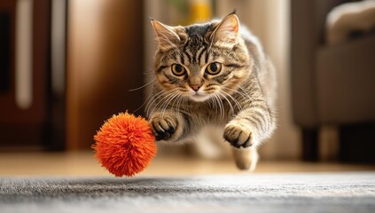 A tabby cat leaps for a fluffy orange toy.