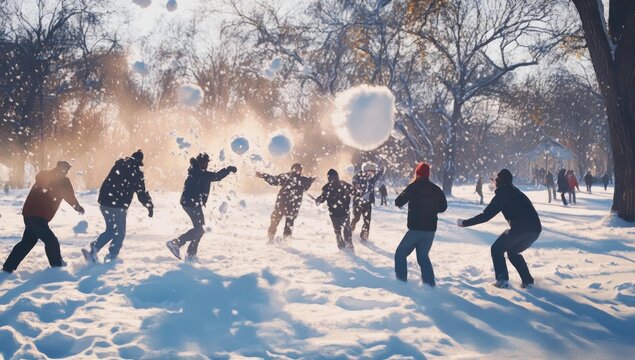 People throwing snowballs in a snowy forest.