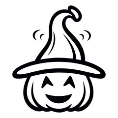 A black and white cartoon pumpkin with a smiling face and a pointed hat