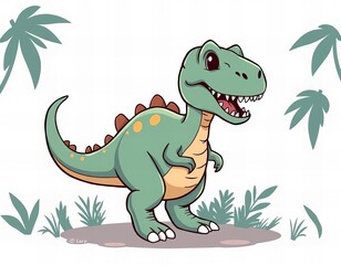 cartoon dinosaur with a big smile standing in the grass.